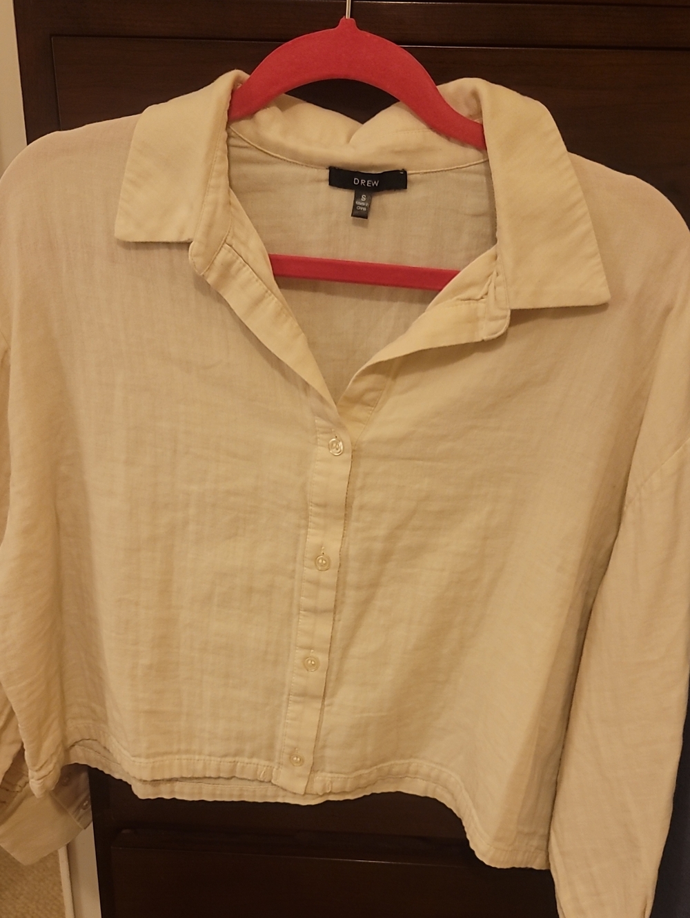 DREW Womens Beige Solid Woven Cotton Collared Button-up Long Sleeve Blouse S
